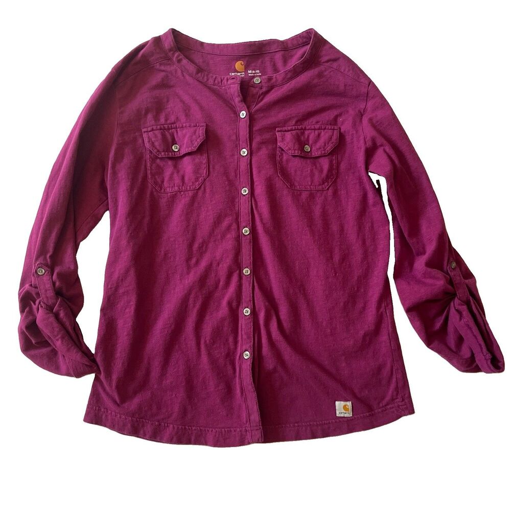 Carhartt Women M Berry Cotton Slub Roll Tab Button Up Long Sleeve Shirt 100037